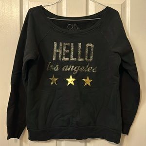 “Hello Los Angeles” sweatshirt. Lg. Wider collar for slightly off shoulder look.